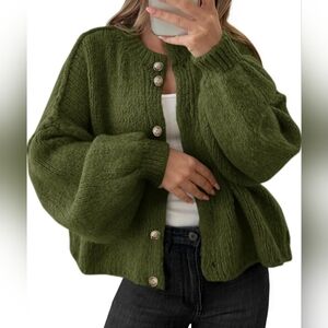 Fashion Chic Knit Button Up Cardigan W/ Balloon Sleeves & An Oversized Look!!
